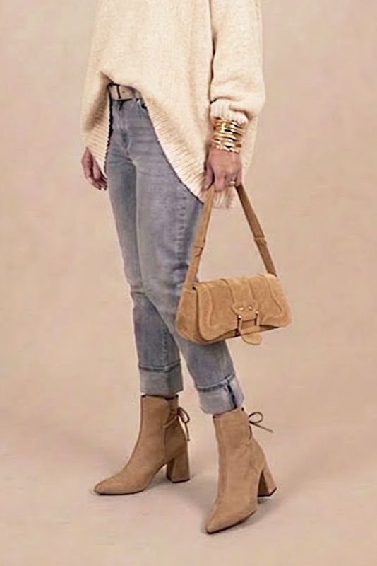 Dress ankle boots back laces in tan beige leather with high flare heels and tapered toe - Top view